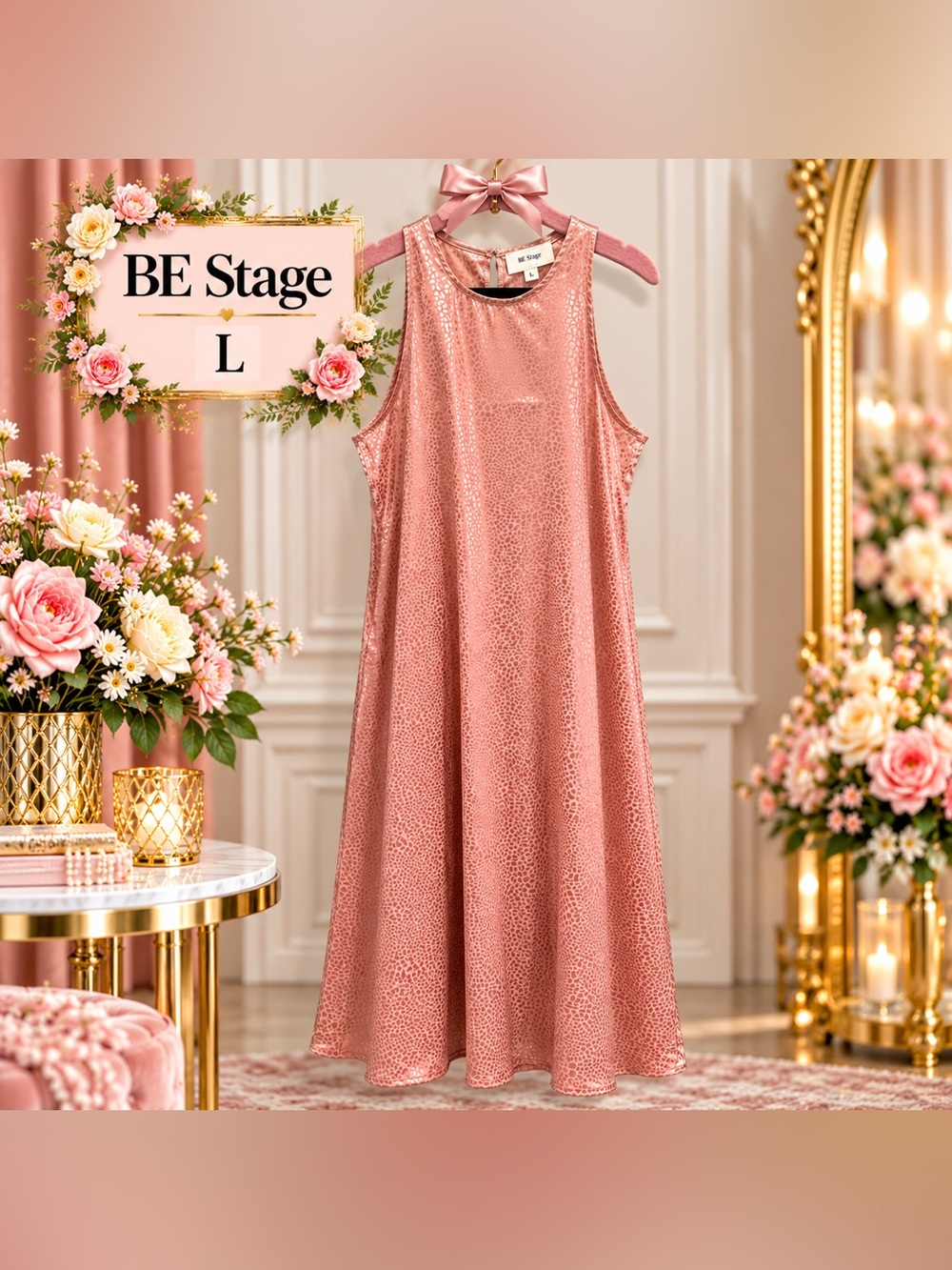BE Stage Women’s Blush Pink Satin Leopard Print Sleeveless Midi Dress Size Large